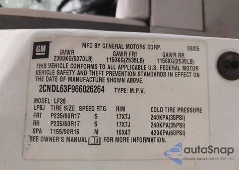 2006 Chevrolet Equinox Lt from USA, damaged, VIN 2CNDL63F966026264